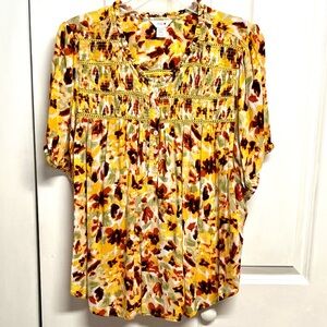 intro. Yellow Floral Smocked Yoke Button-Front Blouse size PXL